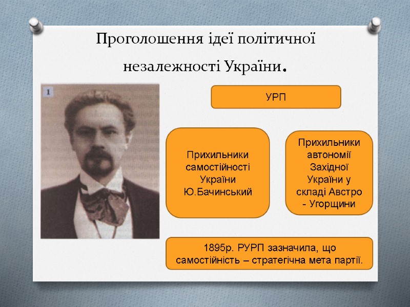 Проголошення ідеї політичної незалежності України. УРП Прихильники автономії Західної України у складі Австро -